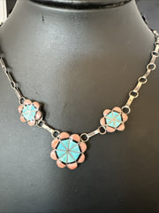 Pink Coral Turquoise Pendant Zuni Sterling Silver Old Pawn Necklace 22" 19143