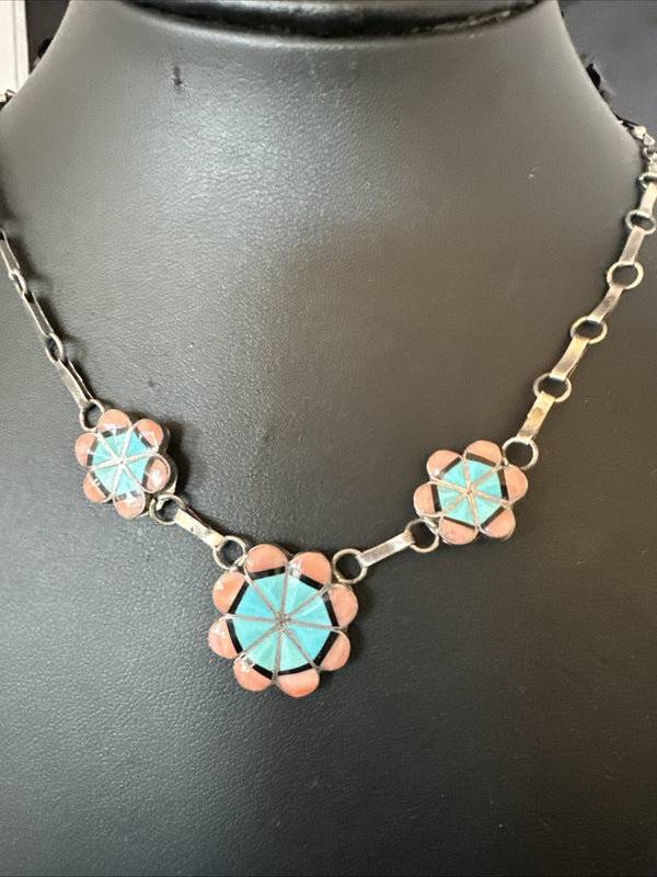 Pink Coral Turquoise Pendant Zuni Sterling Silver Old Pawn Necklace 22" 19143