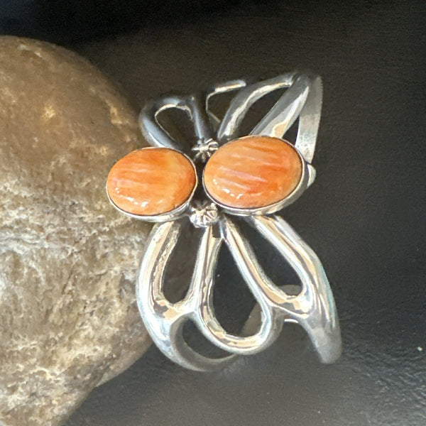 Butterfly Orange Spiny Oyster Navajo Cuff Bracelet | Sterling Silver | Authentic Native American Handmade | 18571