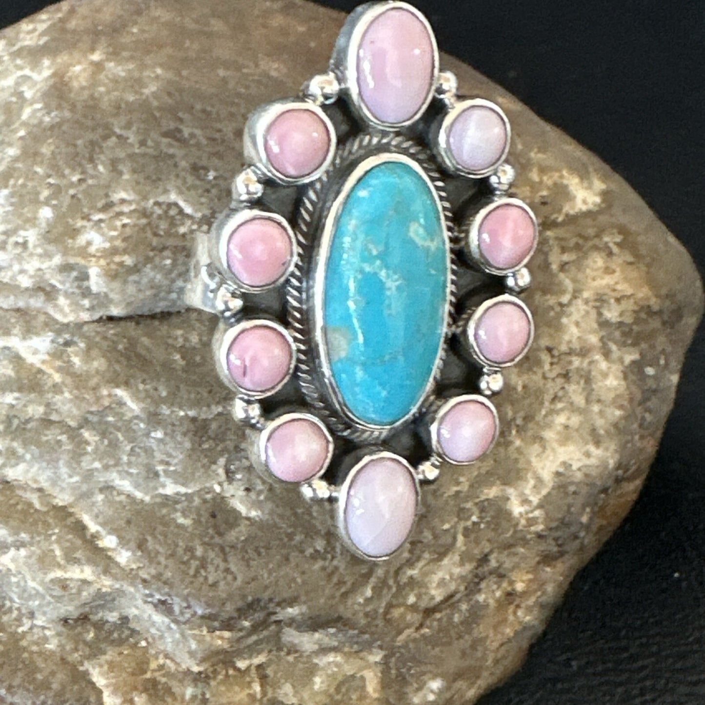Cluster Ring Handmade Navajo Pink Conch Turquoise Sz 7 18789