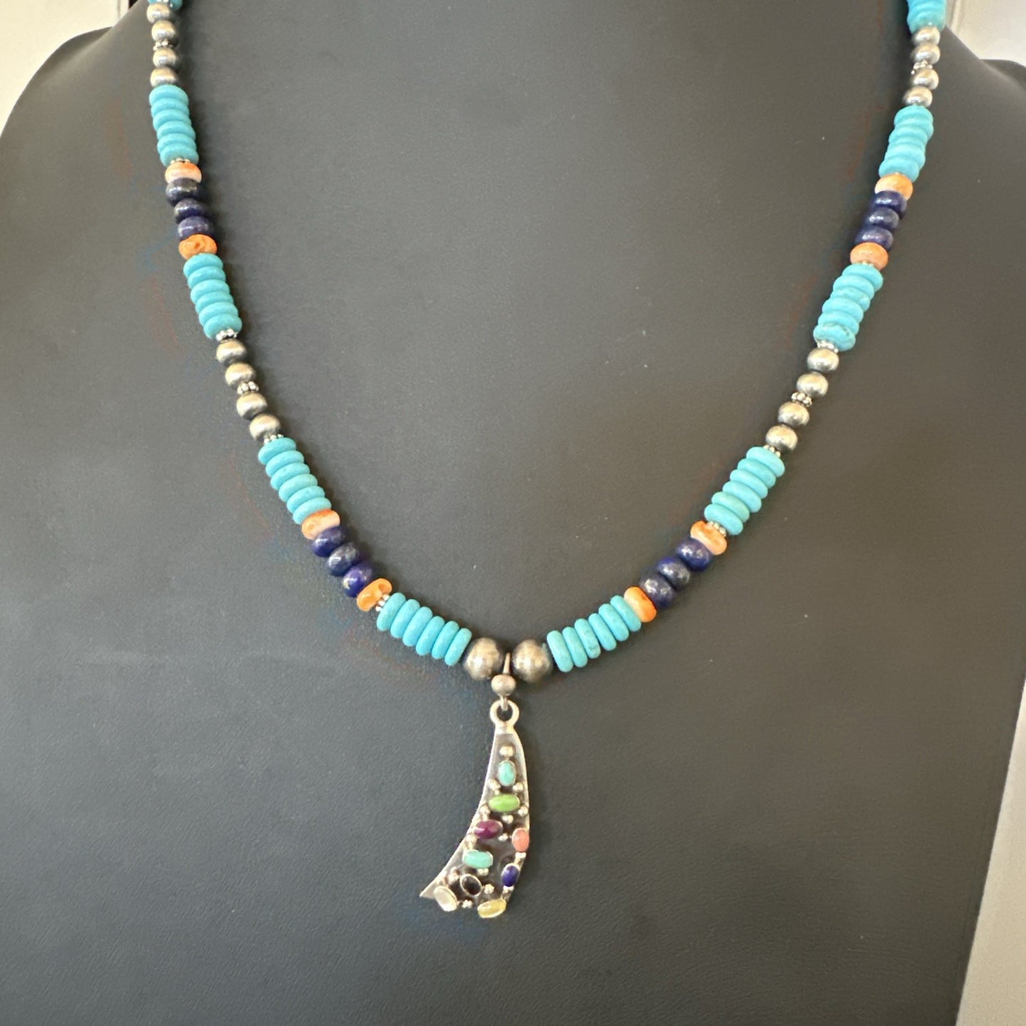 Multicolor Turquoise Spiny Navajo Sterling Silver Cluster Pendant Necklace 19650