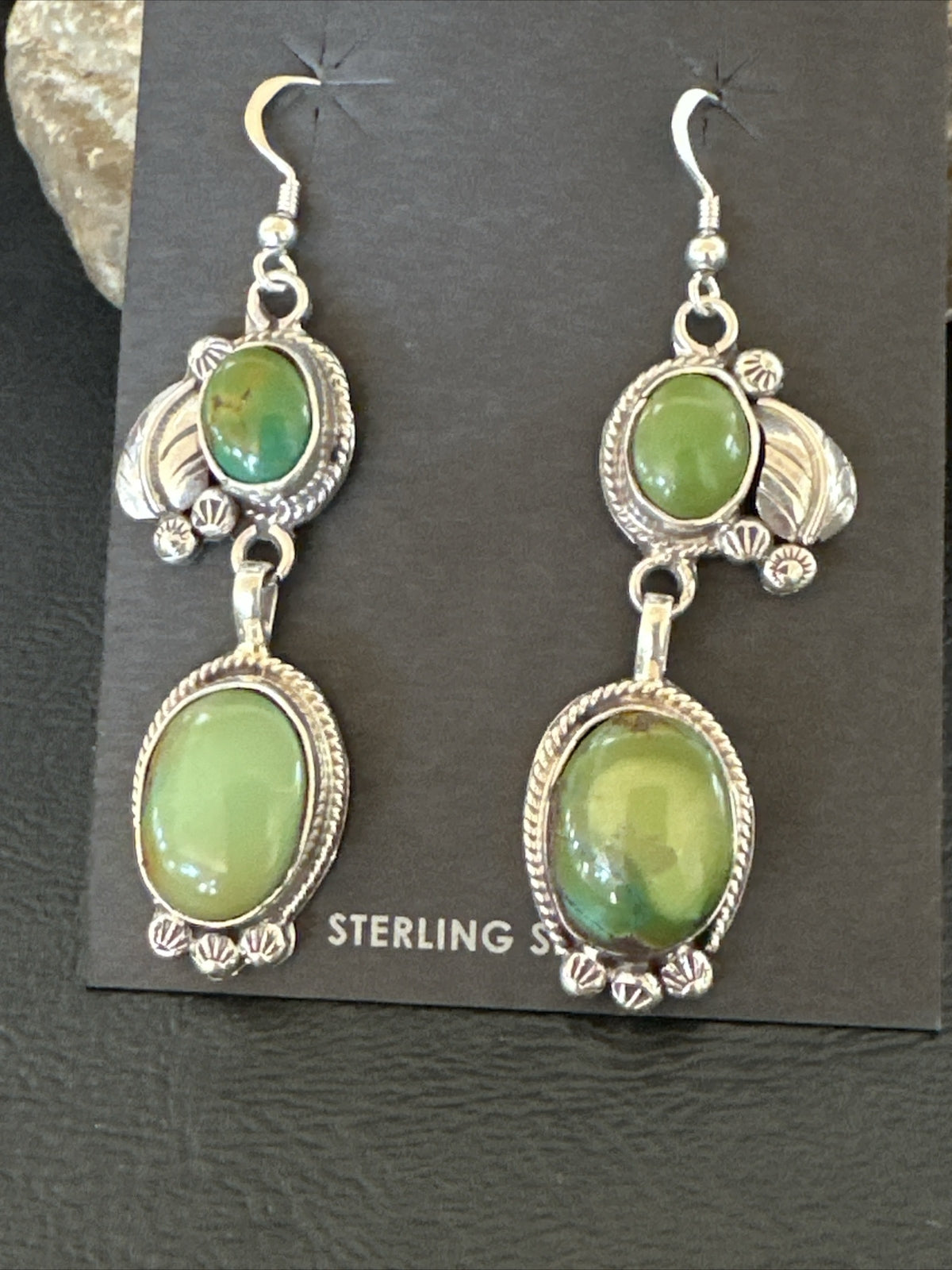 Native Navajo Green Turquoise Sterling Silver Dangle Earrings 2” 17697