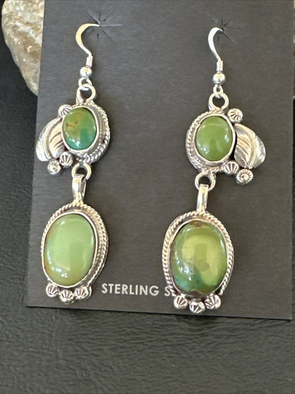 Native Navajo Green Turquoise Sterling Silver Dangle Earrings 2” 17697