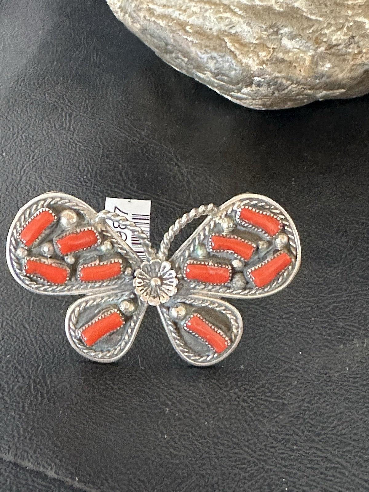 Red Coral Butterfly Sterling Silver Cluster Navajo Ring Size 8 00987