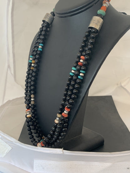 Turquoise Onyx Spiny Picture Jasper Navajo Sterling Silver Necklace 00380