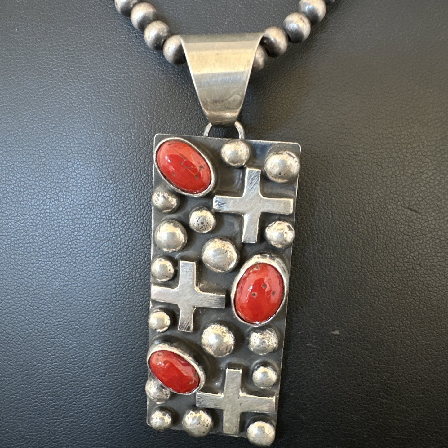 Navajo Pearls Red Coral Necklace Pendant 20” Native American 15909