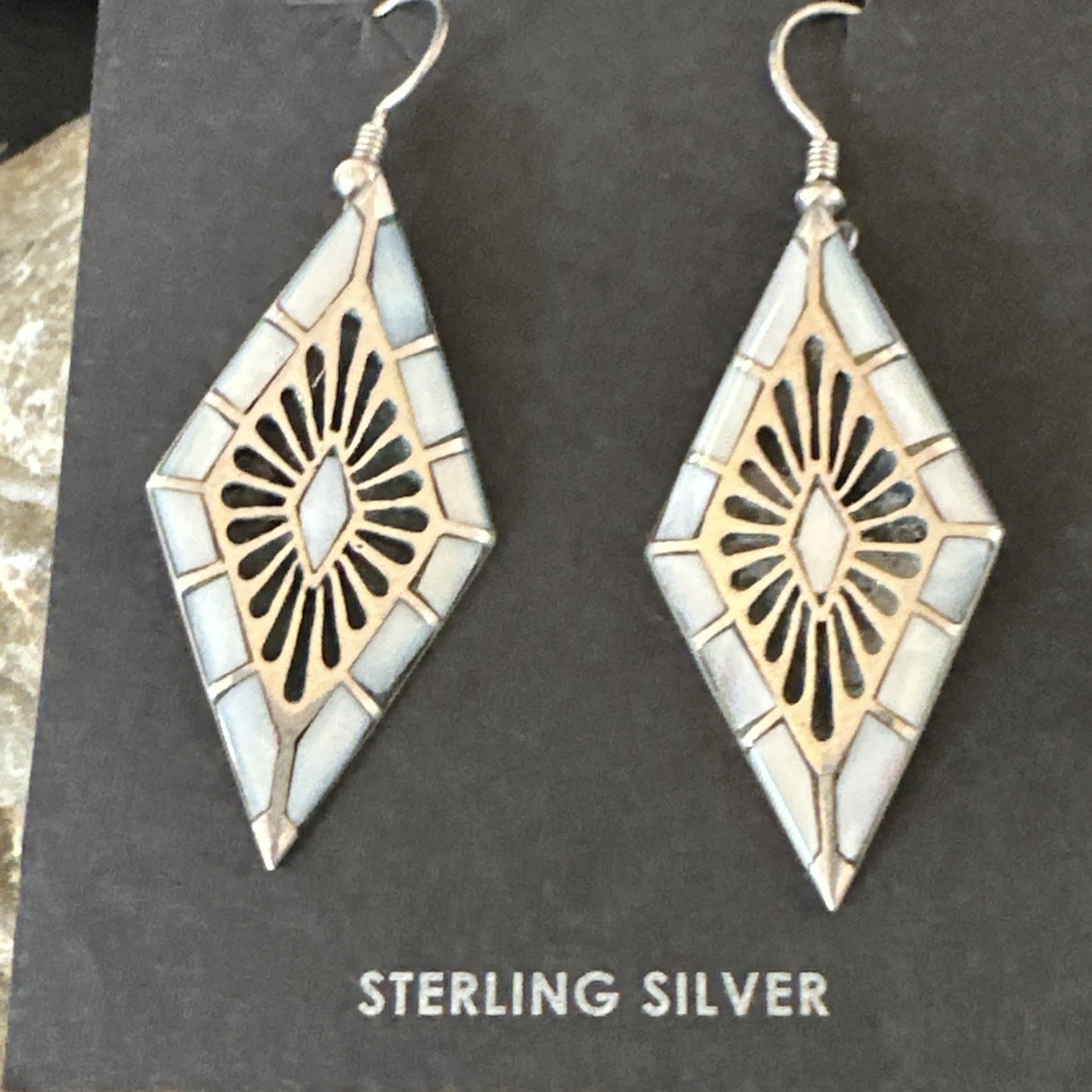 White Mother of Pearl Navajo Sterling Silver Dangle Inlay Earrings 19014