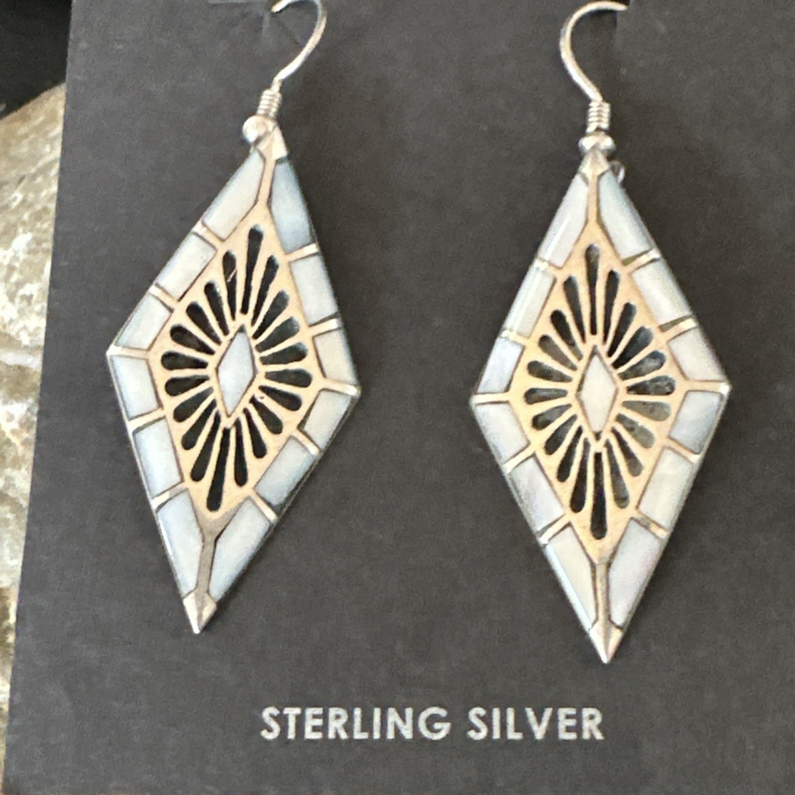 White Mother of Pearl Navajo Sterling Silver Dangle Inlay Earrings 19014