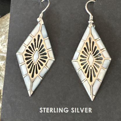 White Mother of Pearl Navajo Sterling Silver Dangle Inlay Earrings 19014
