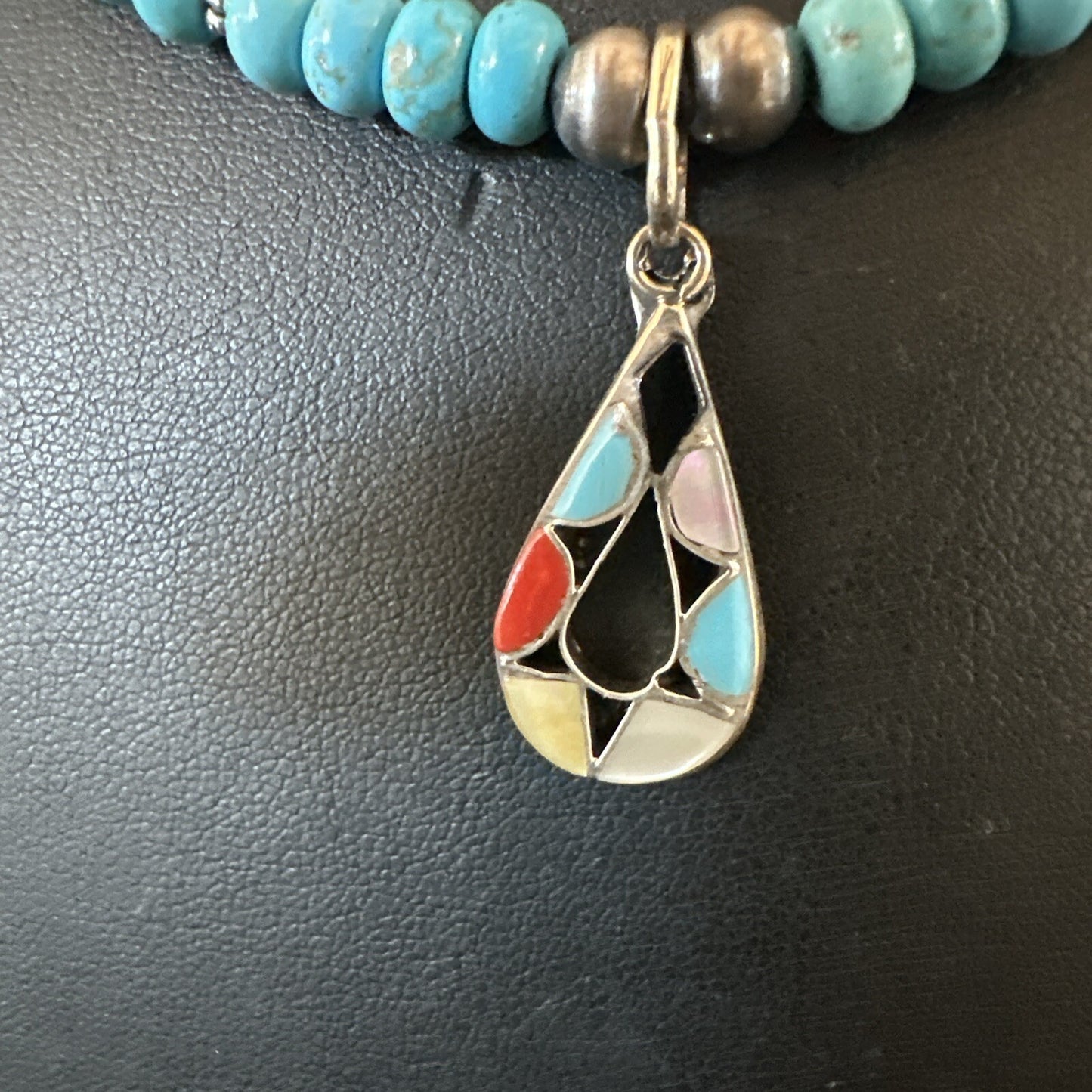 Zuni Turquoise Pink MOP Inlay Pendant 2Sided Necklace Sterling Silver 18062