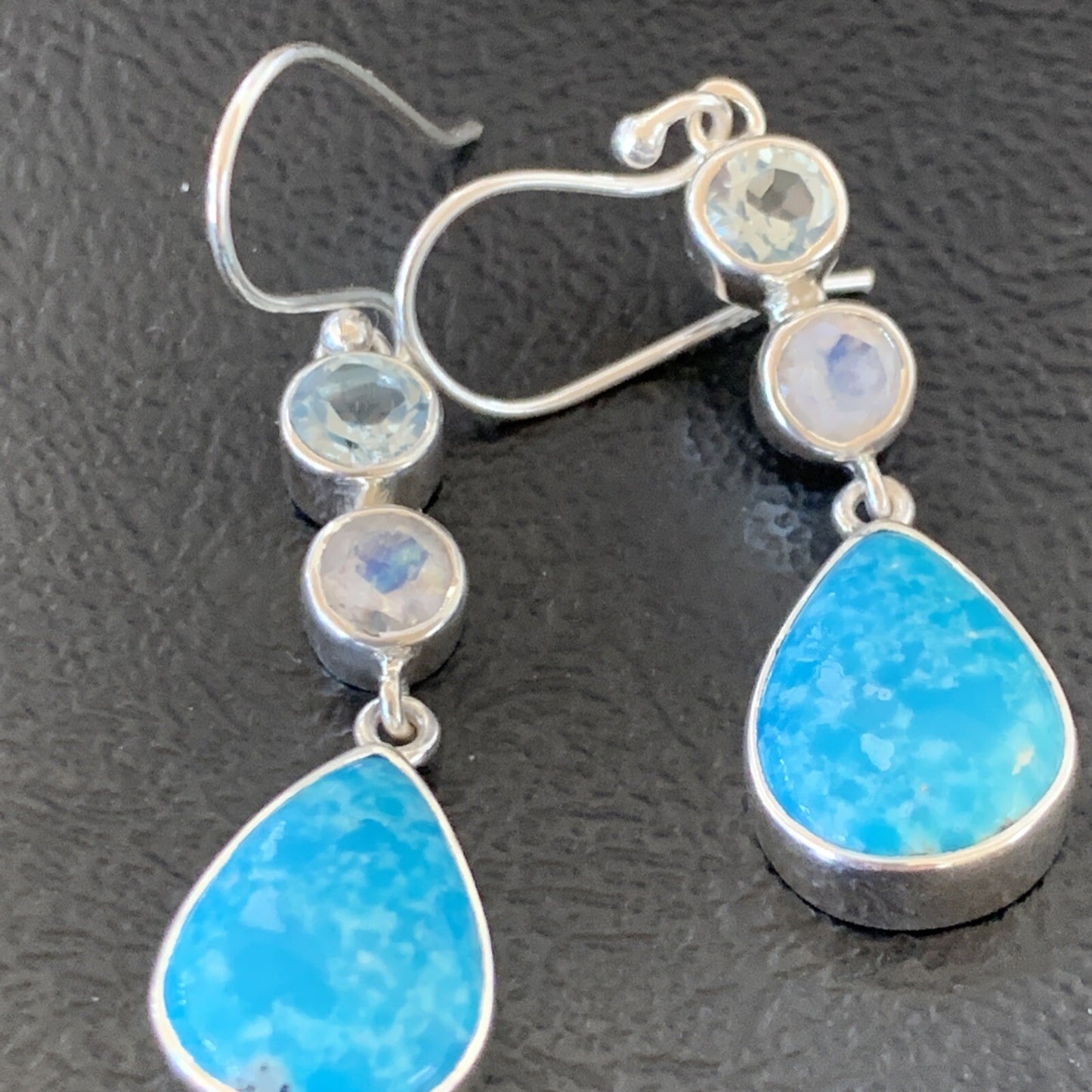 Blue Kingman Turquoise & Topaz Navajo Sterling Silver Dangle Earrings 11590