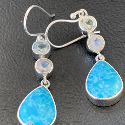 Blue Kingman Turquoise & Topaz Navajo Sterling Silver Dangle Earrings 11590