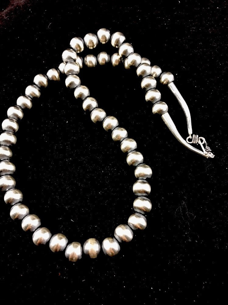Native American 12mm Sterling Silver Navajo Pearls 24" Hook & Eye Cone Necklace