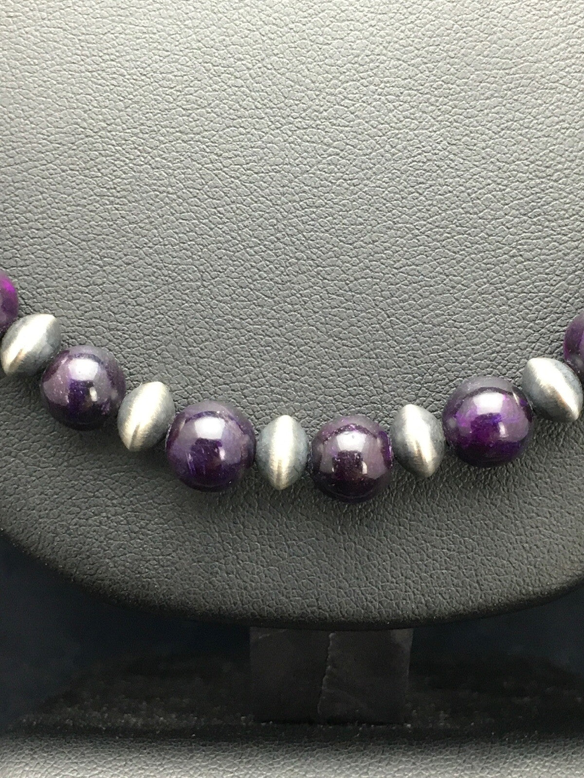 Purple Stone Round Bead Navajo Indian Sterling Silver Necklace 08110