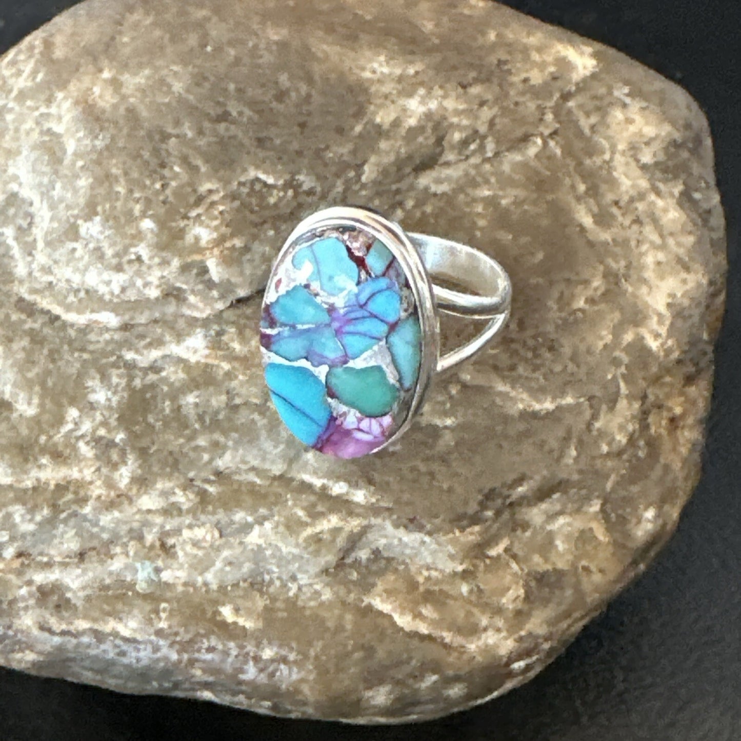 Blue Turquoise Spiny Oyster Southwestern Sterling Silver Ring Size 9 18462