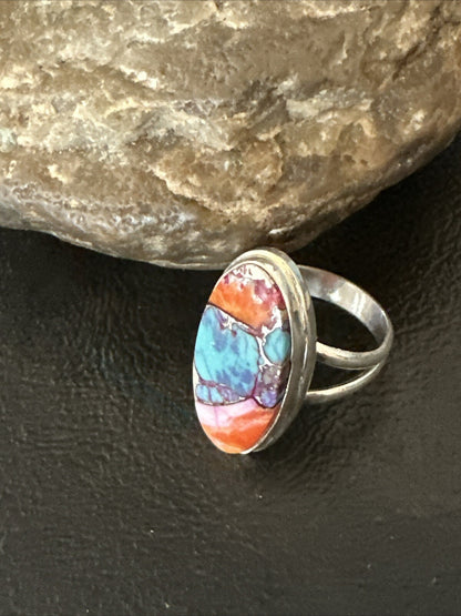 Blue Turquoise Spiny Oyster Southwestern Sterling Silver Ring Size 8 18437