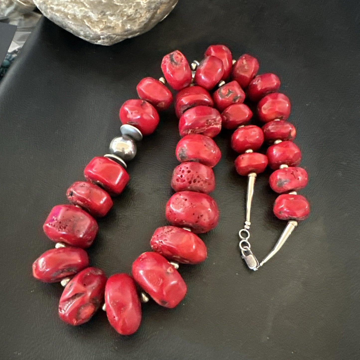 Chunky Navajo Red Bamboo Coral Sterling Silver Bead Necklace 24” Graduated 19532