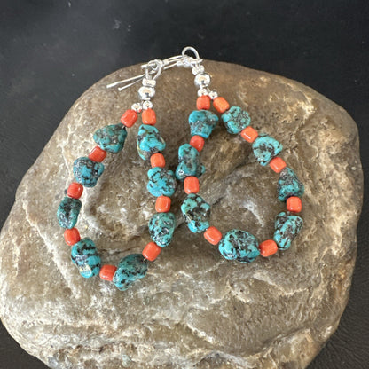 Blue Kingman Nugget Turquoise Coral Navajo Sterling Silver Earrings 2” 18836