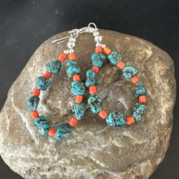 Blue Kingman Nugget Turquoise Coral Navajo Earrings 2" | Sterling Silver | Authentic Native American Handmade | 18836