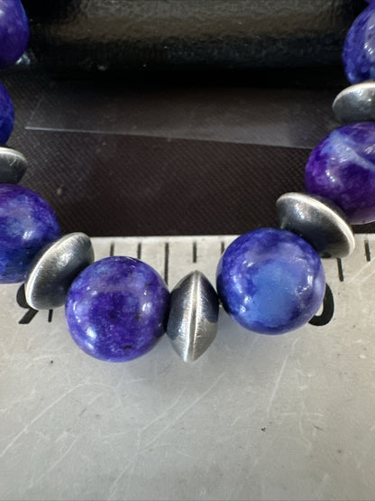 10mm Royal  Purple Stone Bead Navajo Sterling Silver Necklace 24” 17922