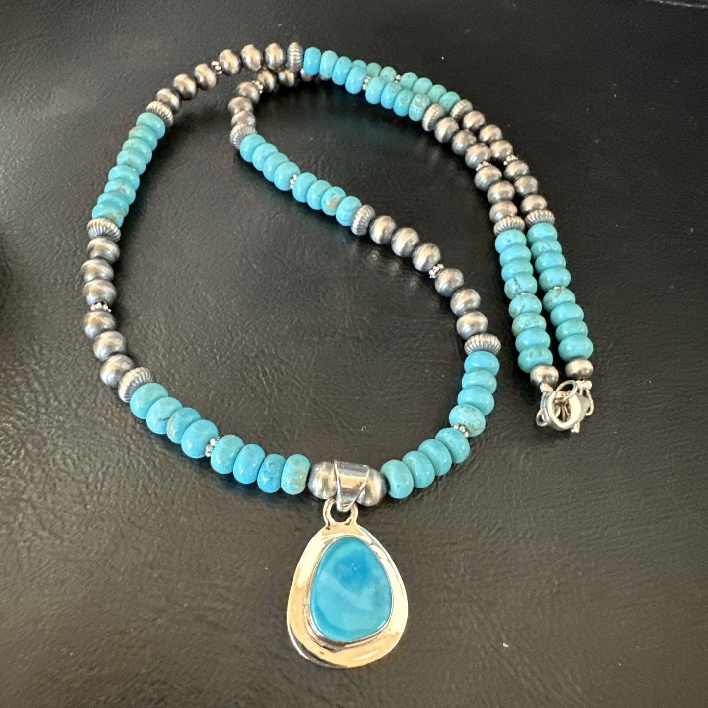 Mens Blue Kingman Turquoise Pendant Navajo Sterling Silver Necklace 21" 18111