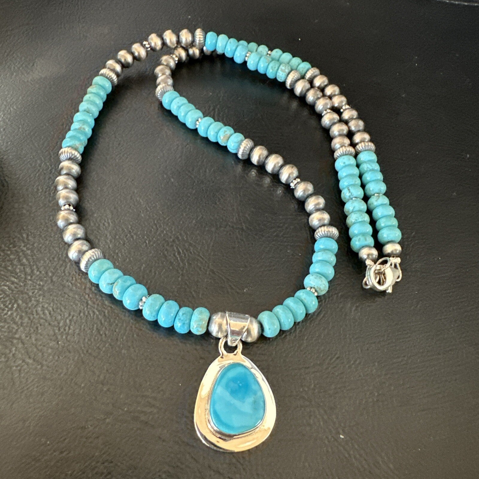 Mens Blue Kingman Turquoise Pendant Navajo Sterling Silver Necklace 21" 18111