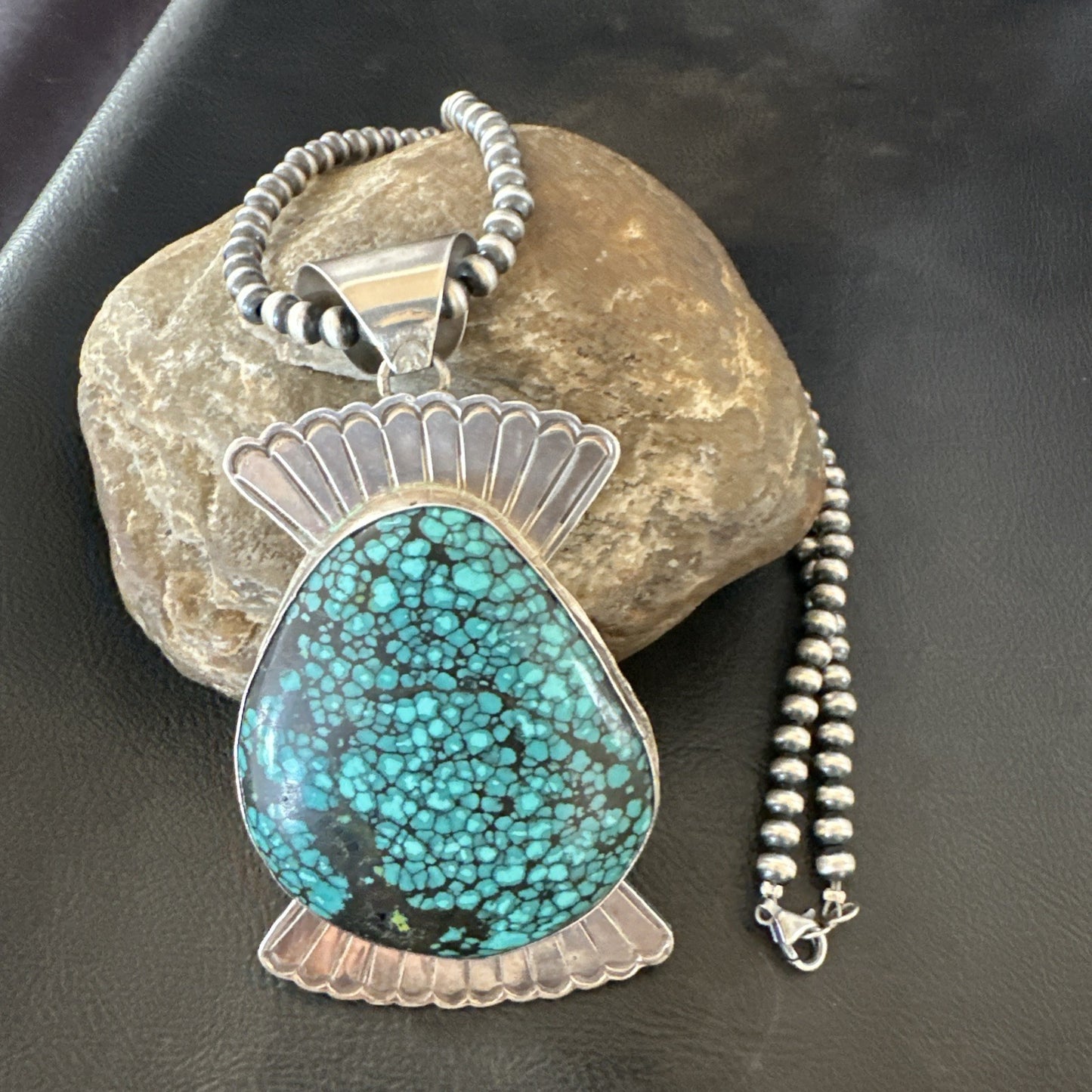 WoMens Blue Spiderweb Turquoise Pendant Navajo Sterling Silver Necklace 19299