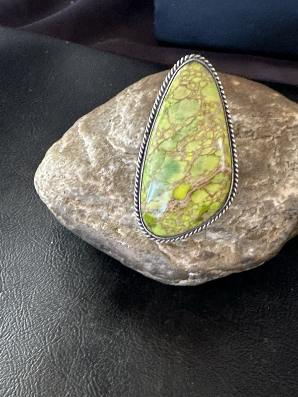 Green Mohave Turquoise Navajo Ring Size 9.5 | Sterling Silver | Authentic Native American Handmade | 19776