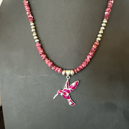 HummingBird Purple Spiny Sugilite Pendant Navajo Sterling Silver Necklace 19607