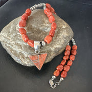Navajo Apple Sponge Coral Necklace Inlay Pendant 21" | Sterling Silver | Authentic Native American Handmade | 18755