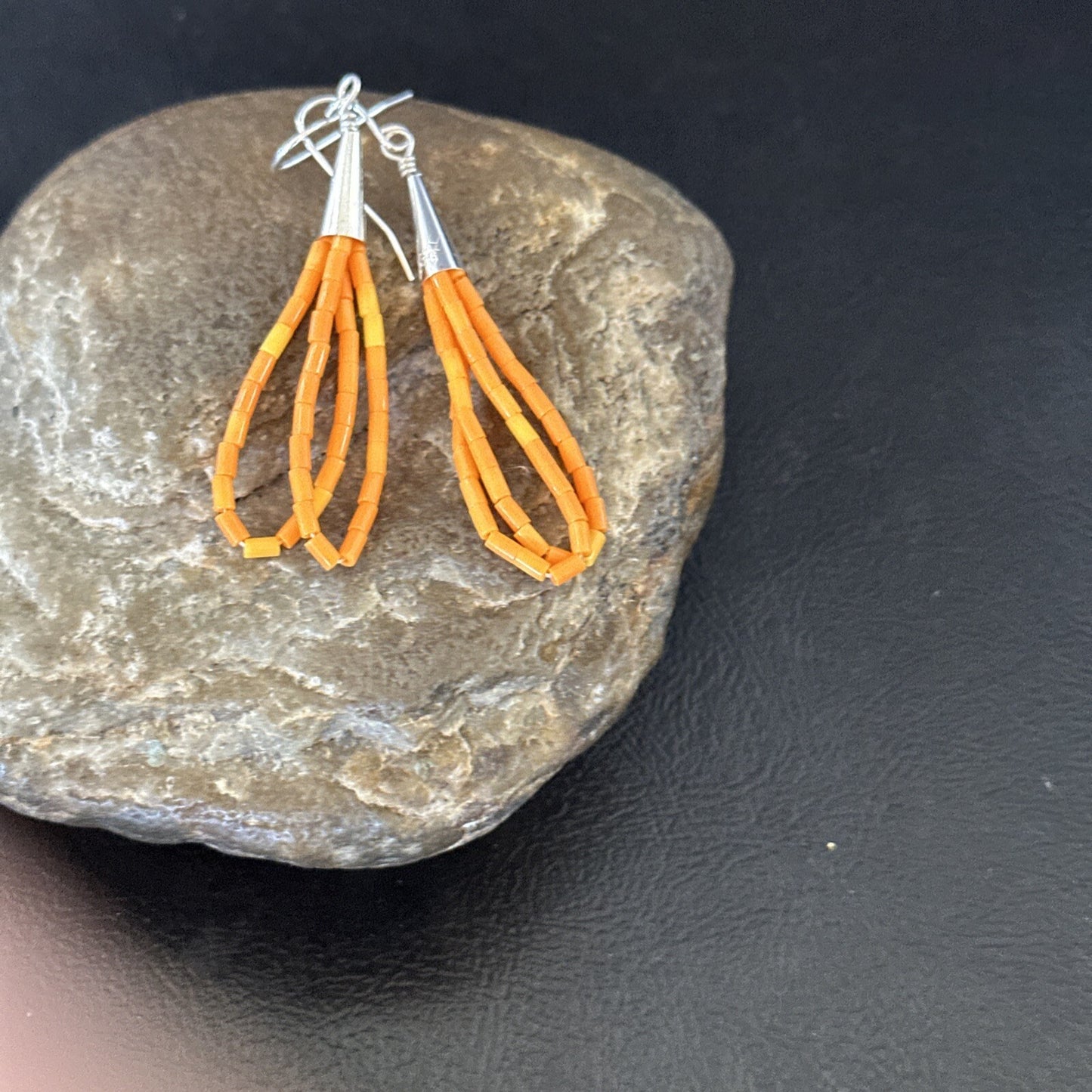 Orange Beads 2 Strands Heishi Liquid Sterling Silver Dangle Earrings 2" 18178