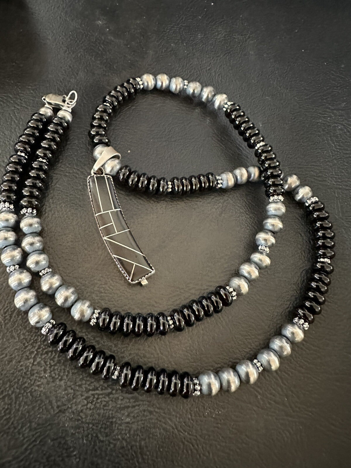 Mens Womens Black Onyx Pendant Navajo Sterling Silver Beads Necklace 18332