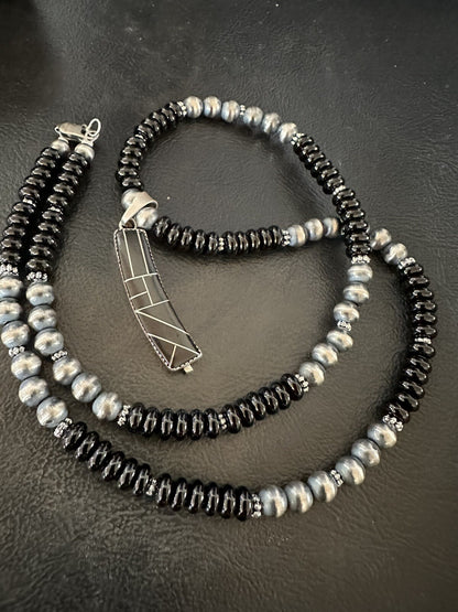 Mens Womens Black Onyx Pendant Navajo Sterling Silver Beads Necklace 18332
