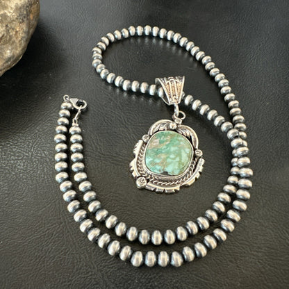 WoMens Navajo Sterling Silver  Green Royston Turquoise Necklace Pendant 19365