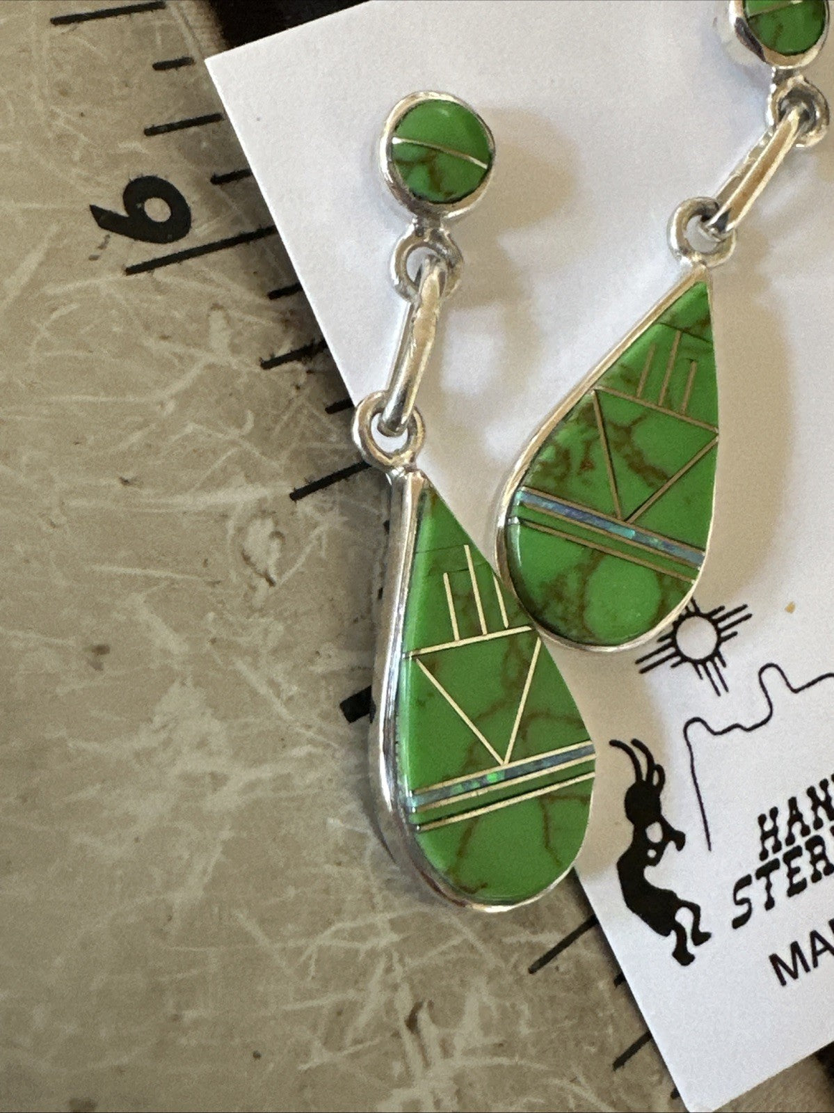 Green Gaspeite Southwestern Sterling Silver Inlay Earrings 1.5" 19154