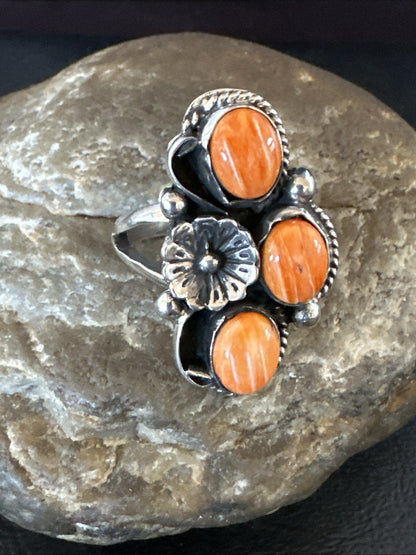 Orange Spiny Oyster Cluster Navajo Sterling Silver Ring Size 9.5 19184