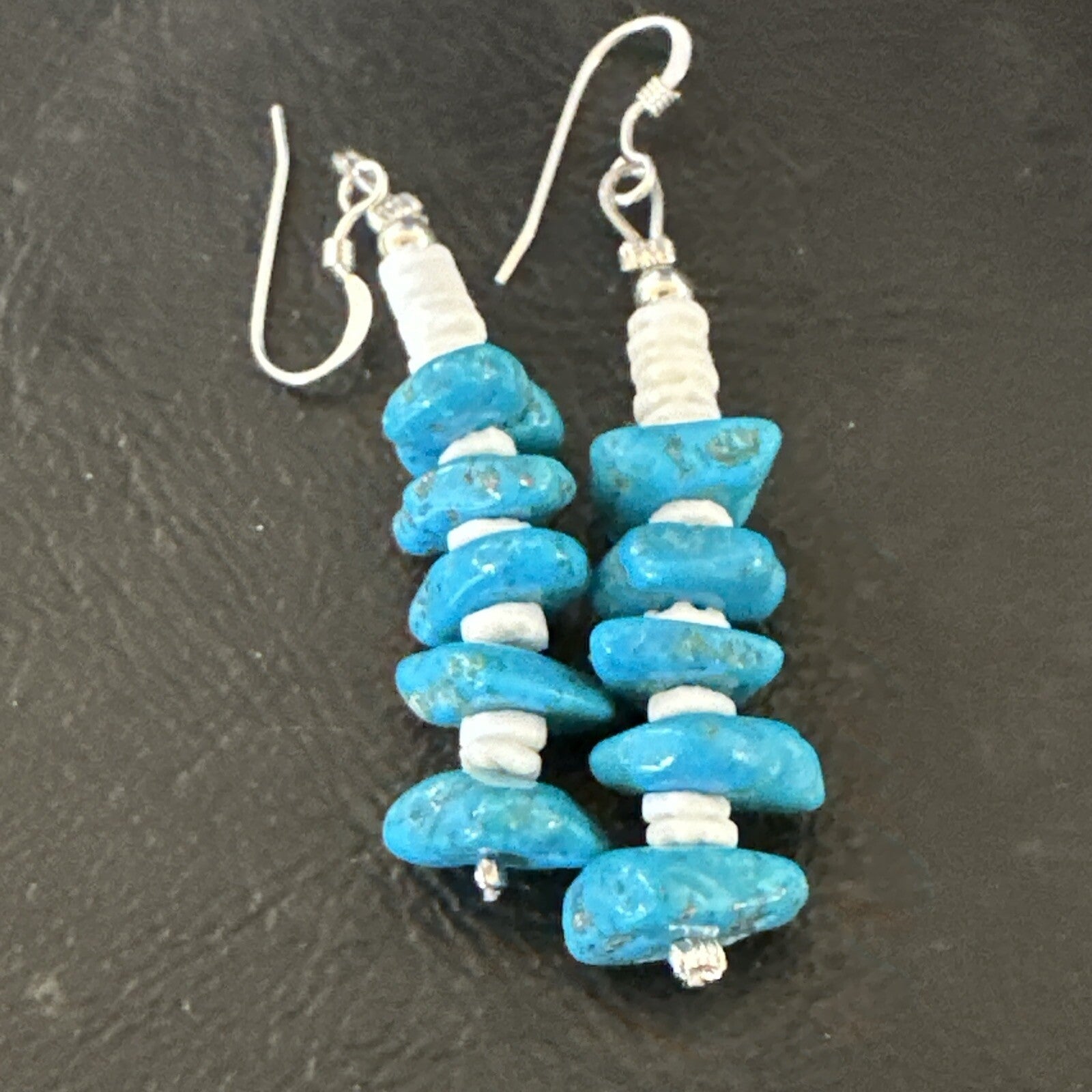 Navajo Blue Kingman Turquoise Nugget Bead Sterling Silver Earrings 17844