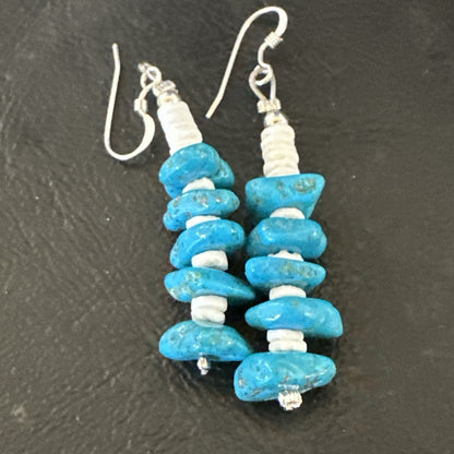 Navajo Blue Kingman Turquoise Nugget Bead Sterling Silver Earrings 17844