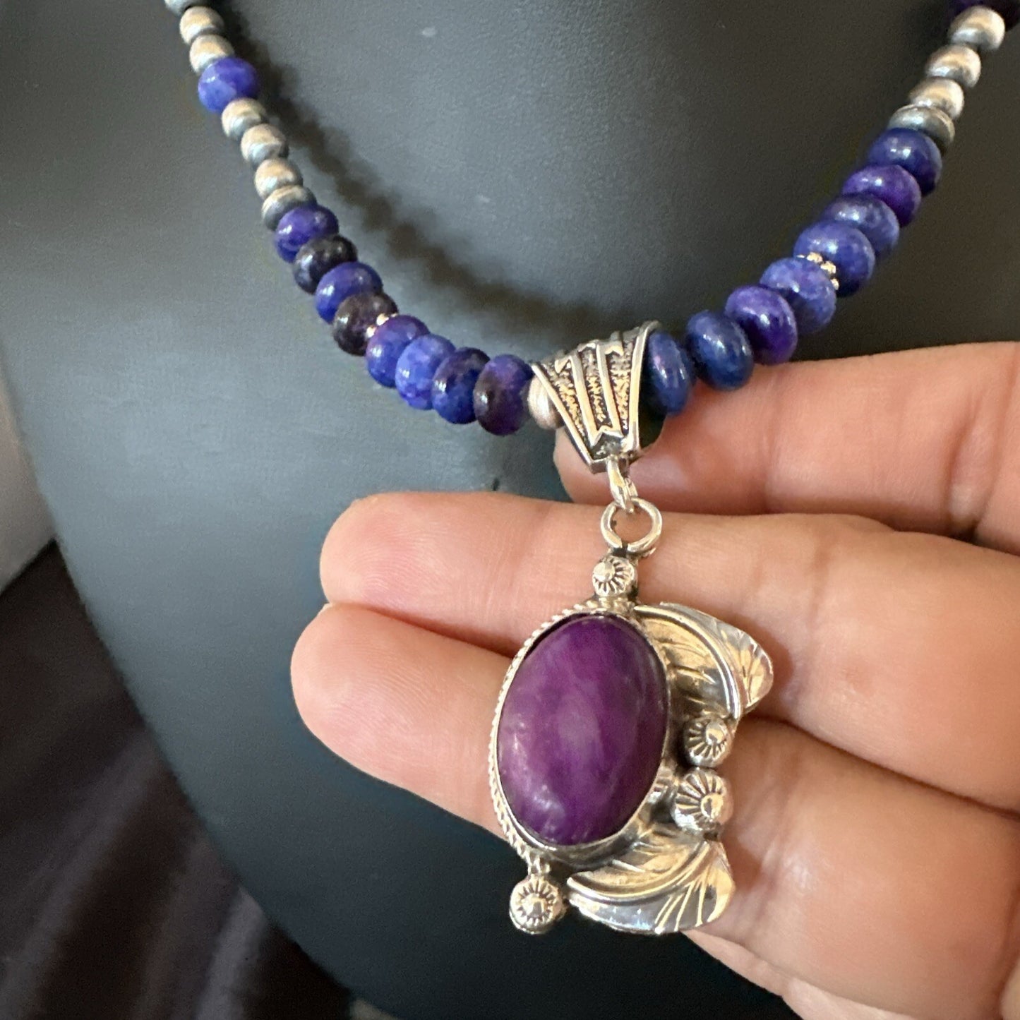 Purple Stone Pendant Navajo Pearls Sterling Silver Necklace 21” 18032