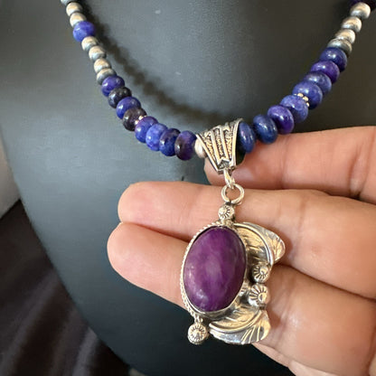 Purple Stone Pendant Navajo Pearls Sterling Silver Necklace 21” 18032