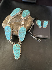 Inlay Kingman Turquoise Lariat Necklace Pendant Earrings | Sterling Silver | Authentic Native American Handmade | 19075