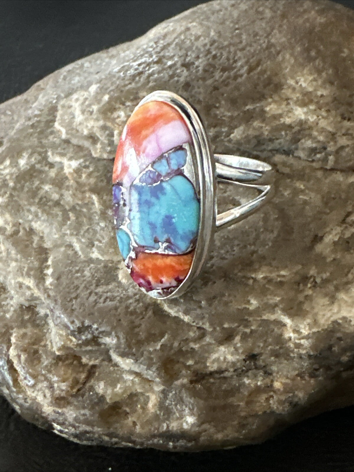 Blue Turquoise Spiny Oyster Southwestern Sterling Silver Ring Size 8 18437