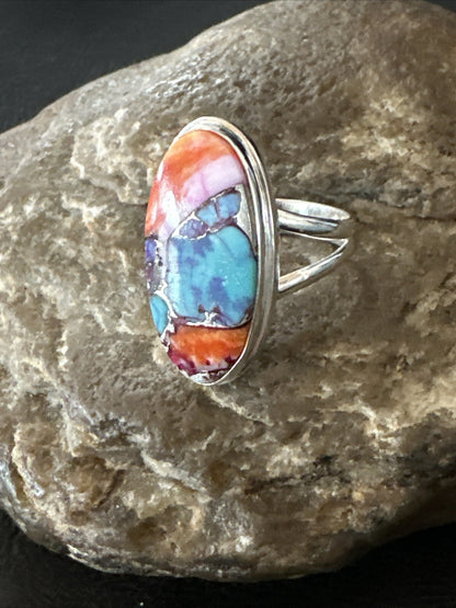 Blue Turquoise Spiny Oyster Southwestern Sterling Silver Ring Size 8 18437