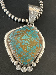 Blue Turquoise#8 Pendant Navajo Pearls Necklace | Sterling Silver | Authentic Native American Handmade | 17960