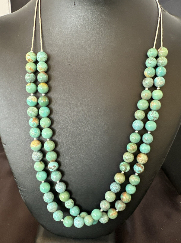 Heishi Green Turquoise 2 Strands Bead Necklace | Sterling Silver | Authentic Native American Handmade | 18788