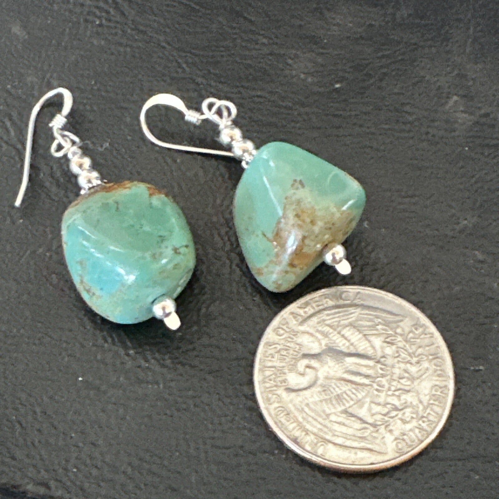 Green Turquoise Nugget Sterling Silver Beads Navajo Earrings 1" 17868