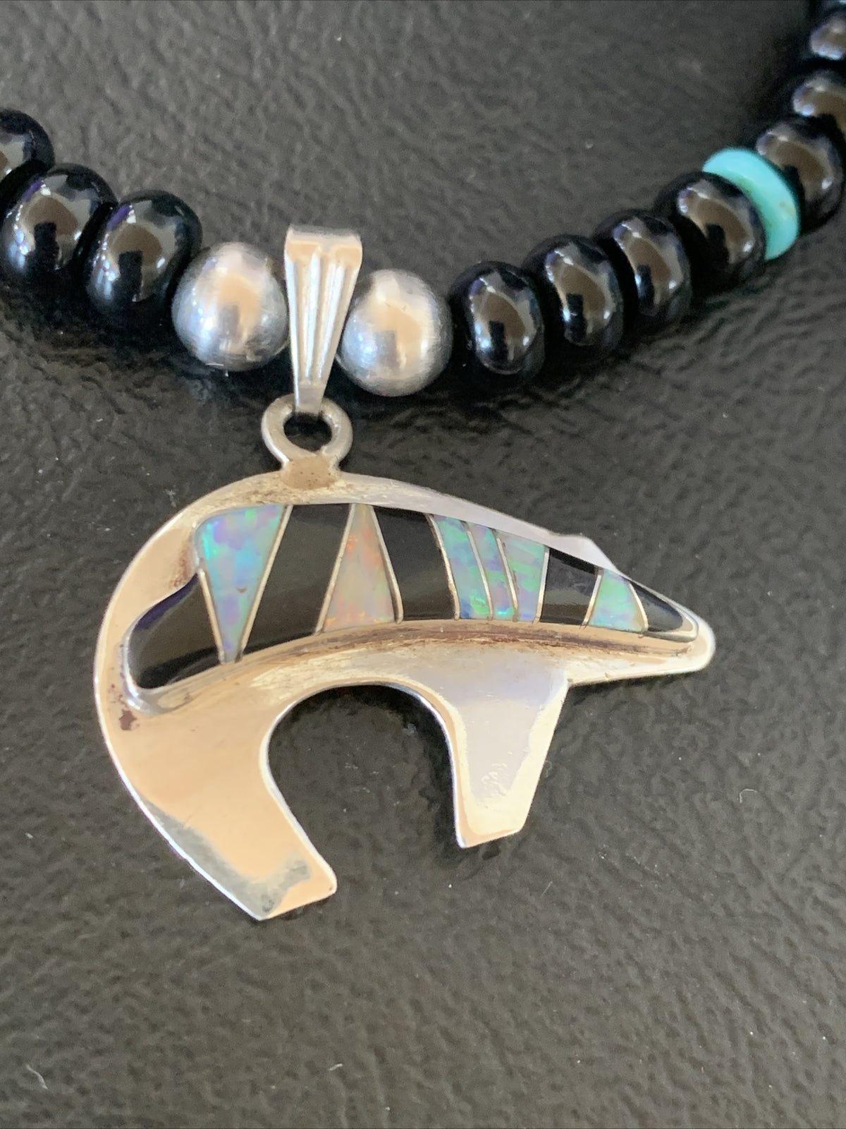 Turquoise Opal Inlay Pendant Black Onyx Navajo Sterling Silver Necklace 12698