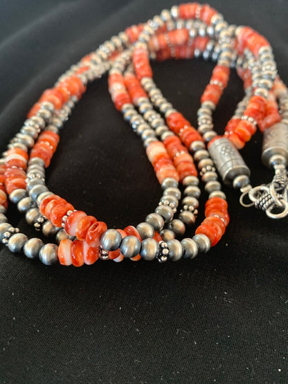 Red Spiny Oyster 3 Strands Navajo Pearls Sterling Silver Necklace 03172