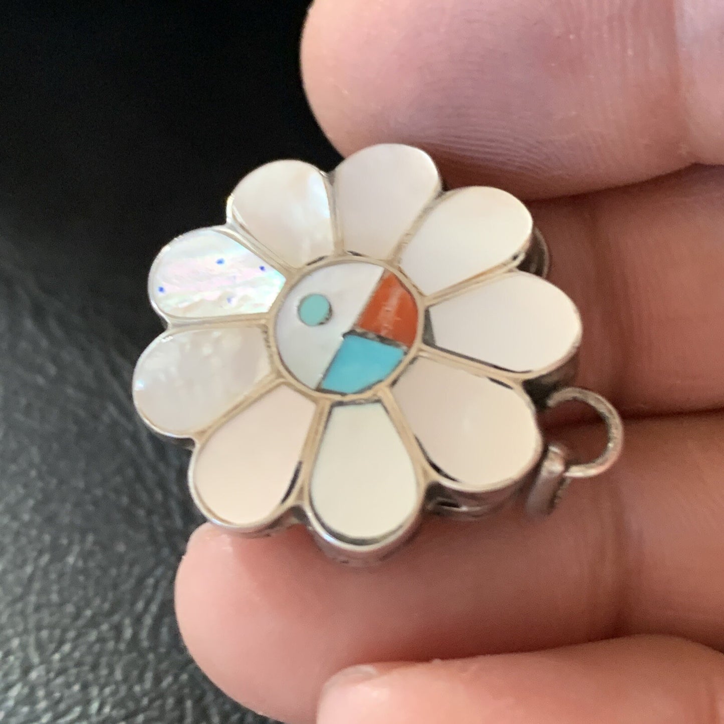 Mother Of Pearl Turquoise Spiny Inlay Zuni Sterling Silver 2 Sided Pendant 1683
