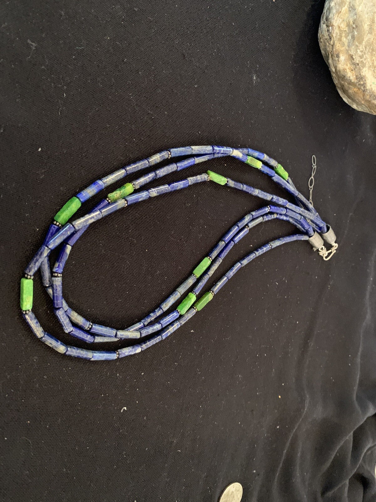 Mens Navajo Lapis Green Turquoise 3 Strands Sterling Silver 21" Necklace 8370
